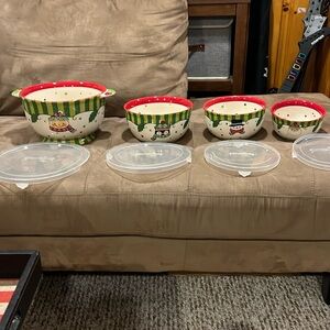 Temptations bowl set with lids. 4 bowls 4 lids. Winter Whimsy.